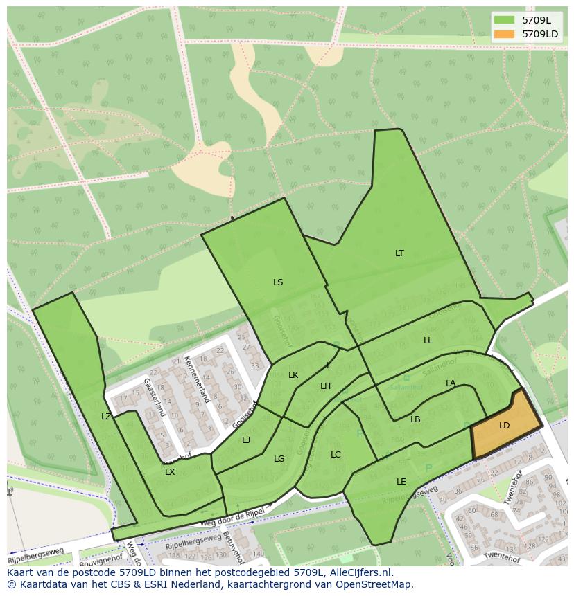 Afbeelding van het postcodegebied 5709 LD op de kaart.
