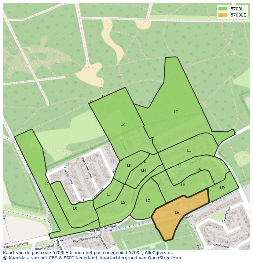Afbeelding van het postcodegebied 5709 LE op de kaart.