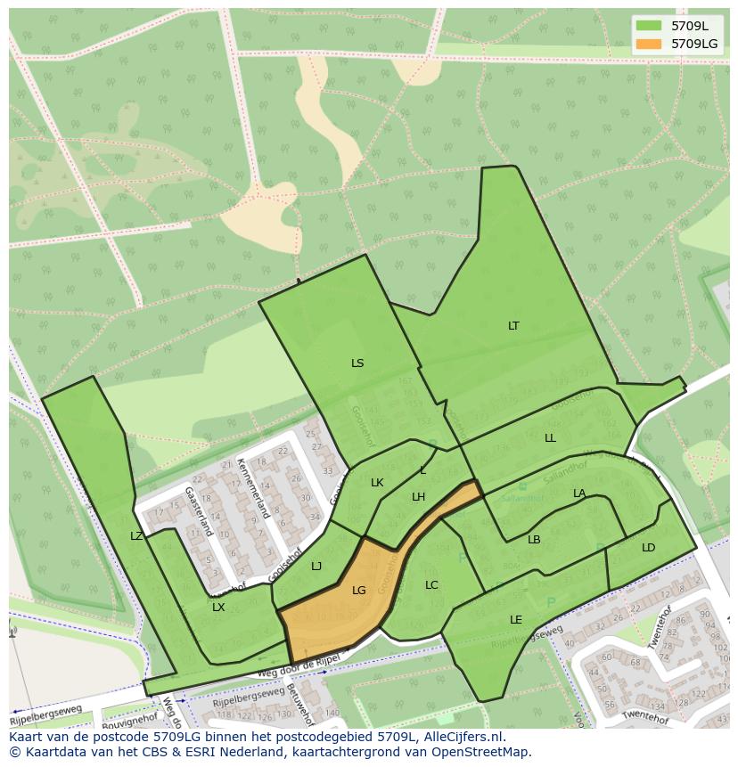 Afbeelding van het postcodegebied 5709 LG op de kaart.