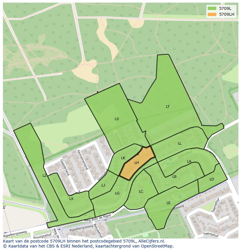 Afbeelding van het postcodegebied 5709 LH op de kaart.
