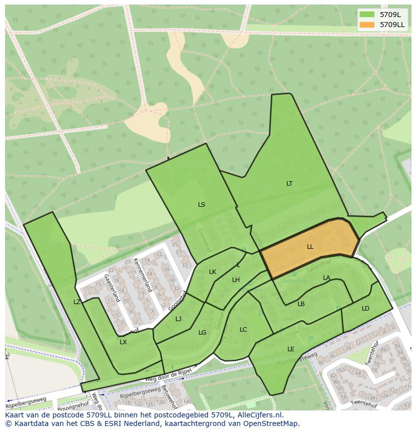 Afbeelding van het postcodegebied 5709 LL op de kaart.