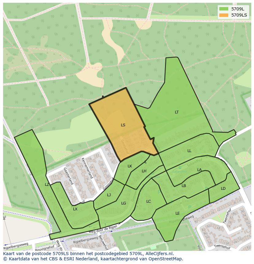 Afbeelding van het postcodegebied 5709 LS op de kaart.