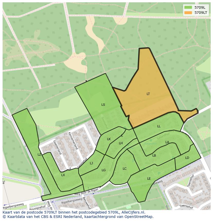 Afbeelding van het postcodegebied 5709 LT op de kaart.