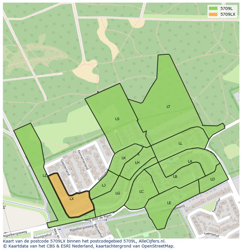 Afbeelding van het postcodegebied 5709 LX op de kaart.