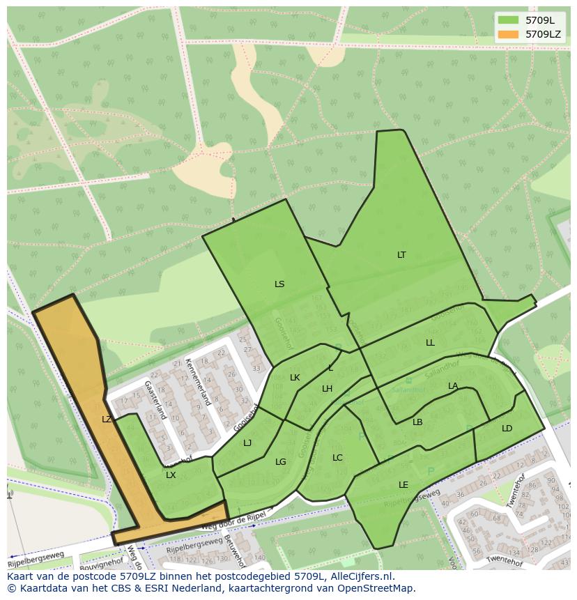 Afbeelding van het postcodegebied 5709 LZ op de kaart.