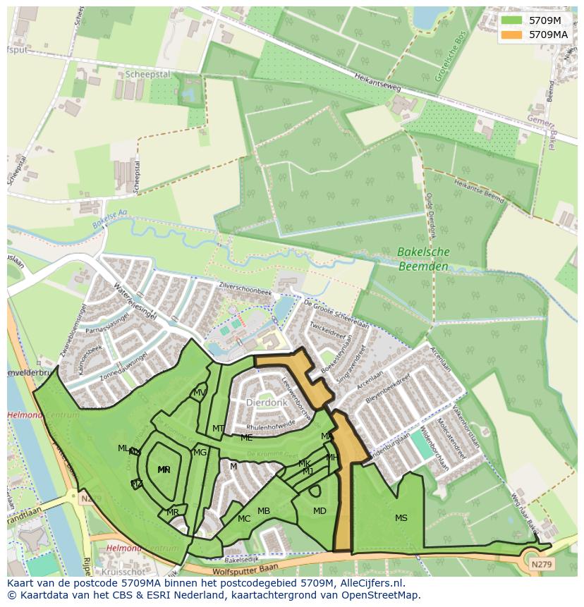 Afbeelding van het postcodegebied 5709 MA op de kaart.
