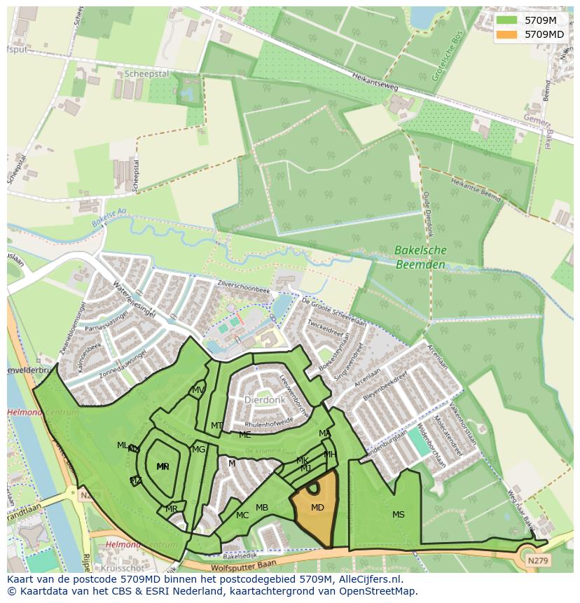 Afbeelding van het postcodegebied 5709 MD op de kaart.