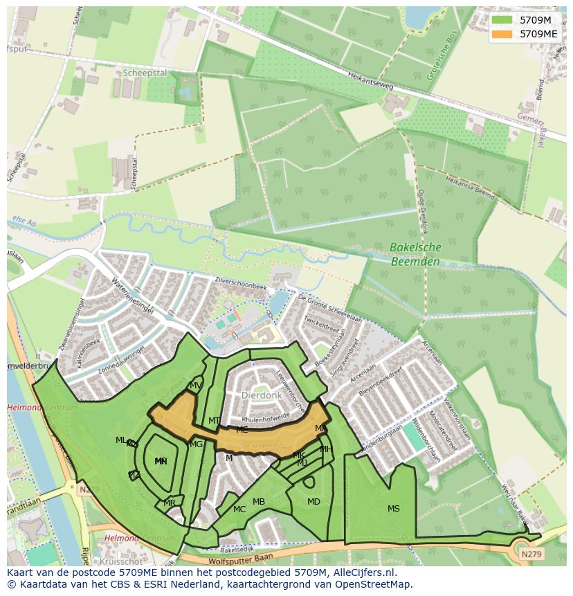 Afbeelding van het postcodegebied 5709 ME op de kaart.