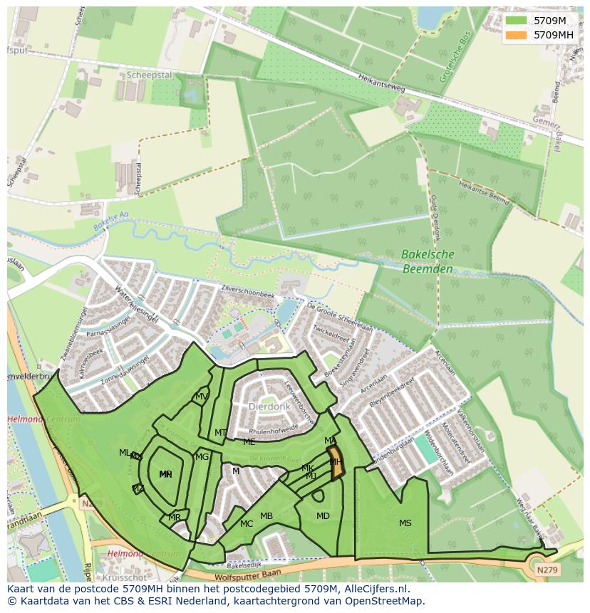 Afbeelding van het postcodegebied 5709 MH op de kaart.