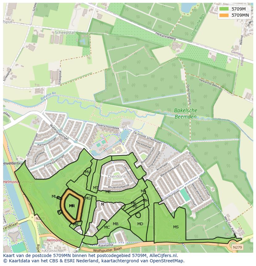 Afbeelding van het postcodegebied 5709 MN op de kaart.