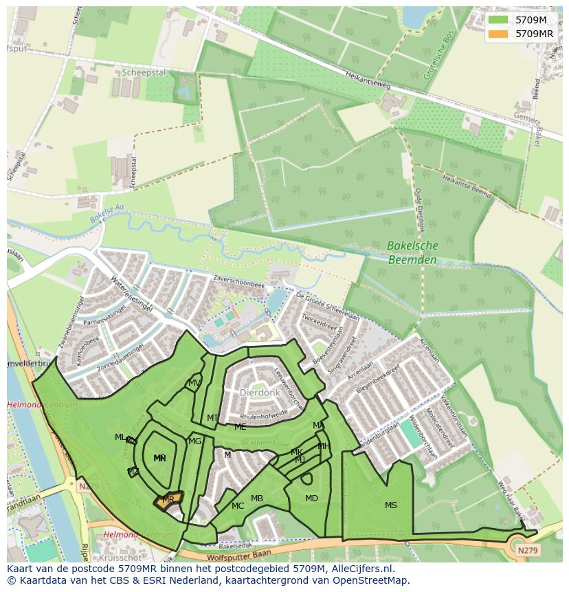 Afbeelding van het postcodegebied 5709 MR op de kaart.