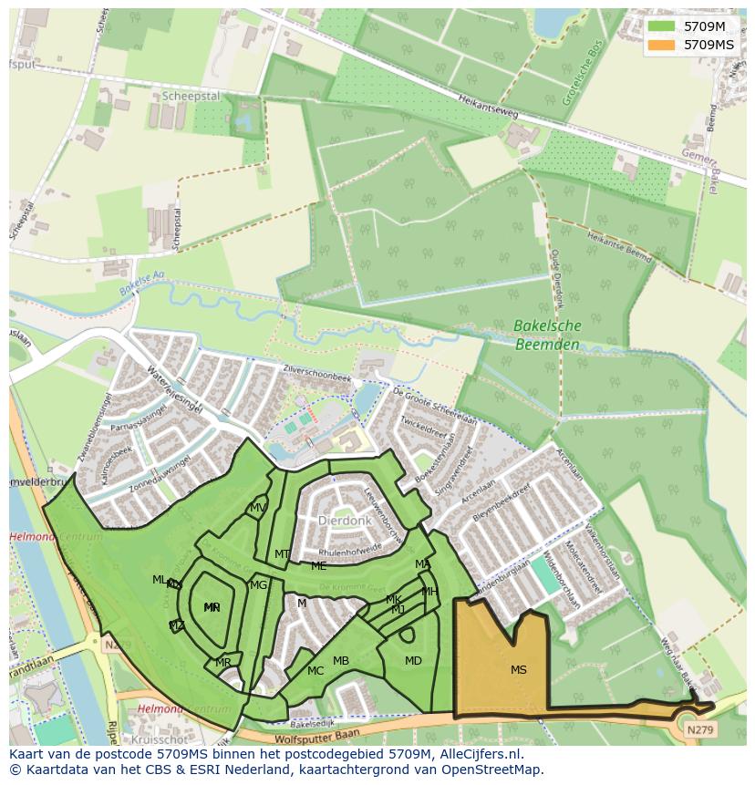Afbeelding van het postcodegebied 5709 MS op de kaart.