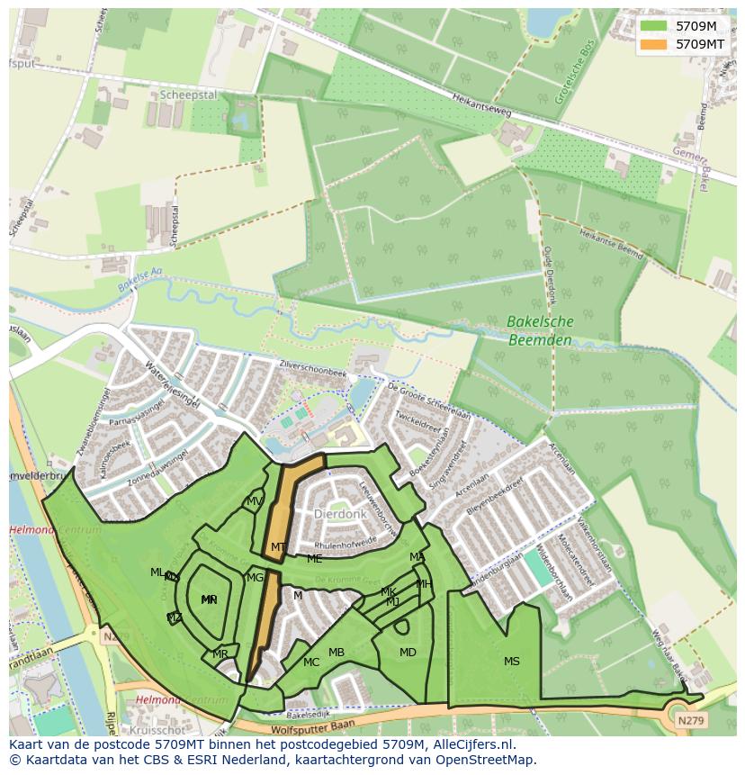 Afbeelding van het postcodegebied 5709 MT op de kaart.