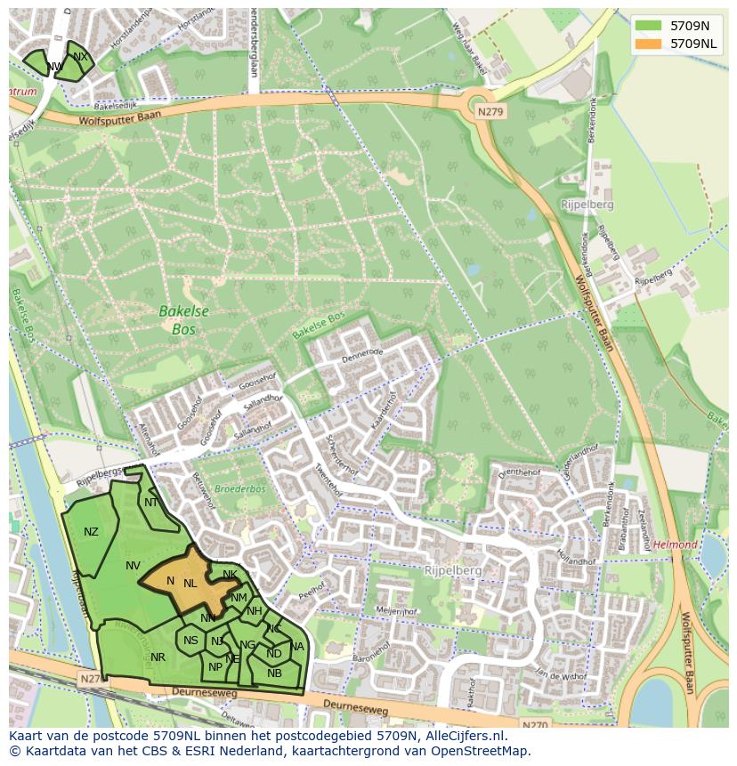 Afbeelding van het postcodegebied 5709 NL op de kaart.