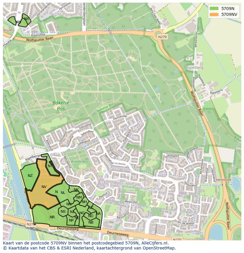 Afbeelding van het postcodegebied 5709 NV op de kaart.