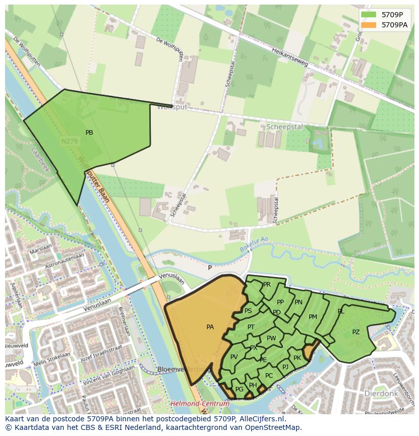 Afbeelding van het postcodegebied 5709 PA op de kaart.