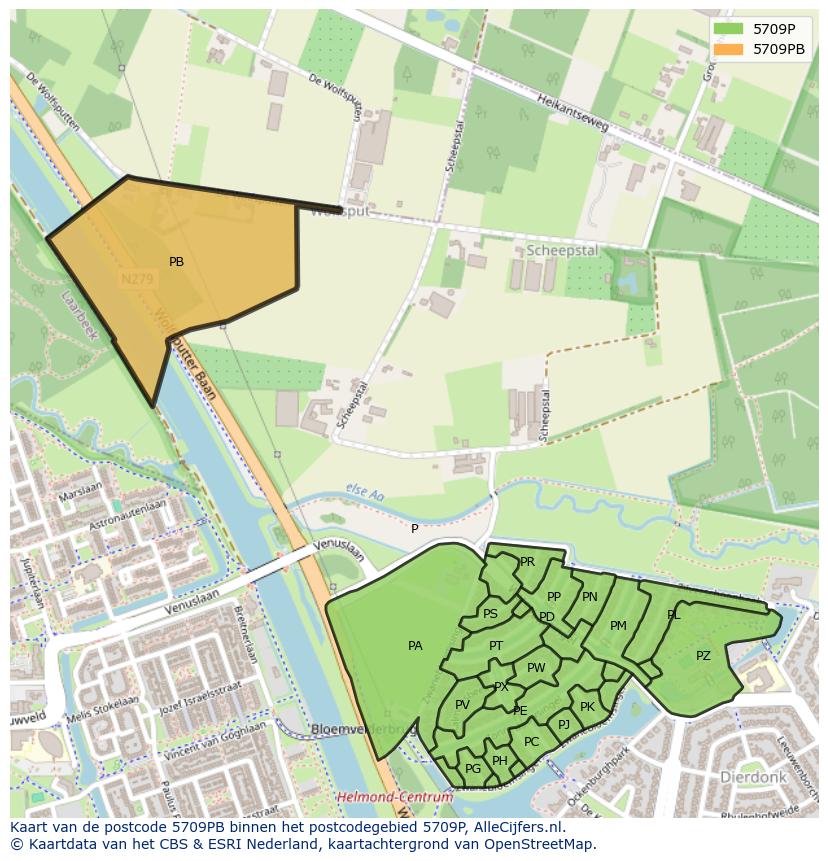 Afbeelding van het postcodegebied 5709 PB op de kaart.