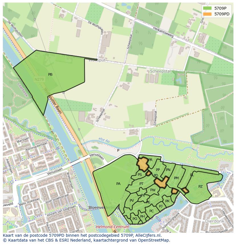 Afbeelding van het postcodegebied 5709 PD op de kaart.