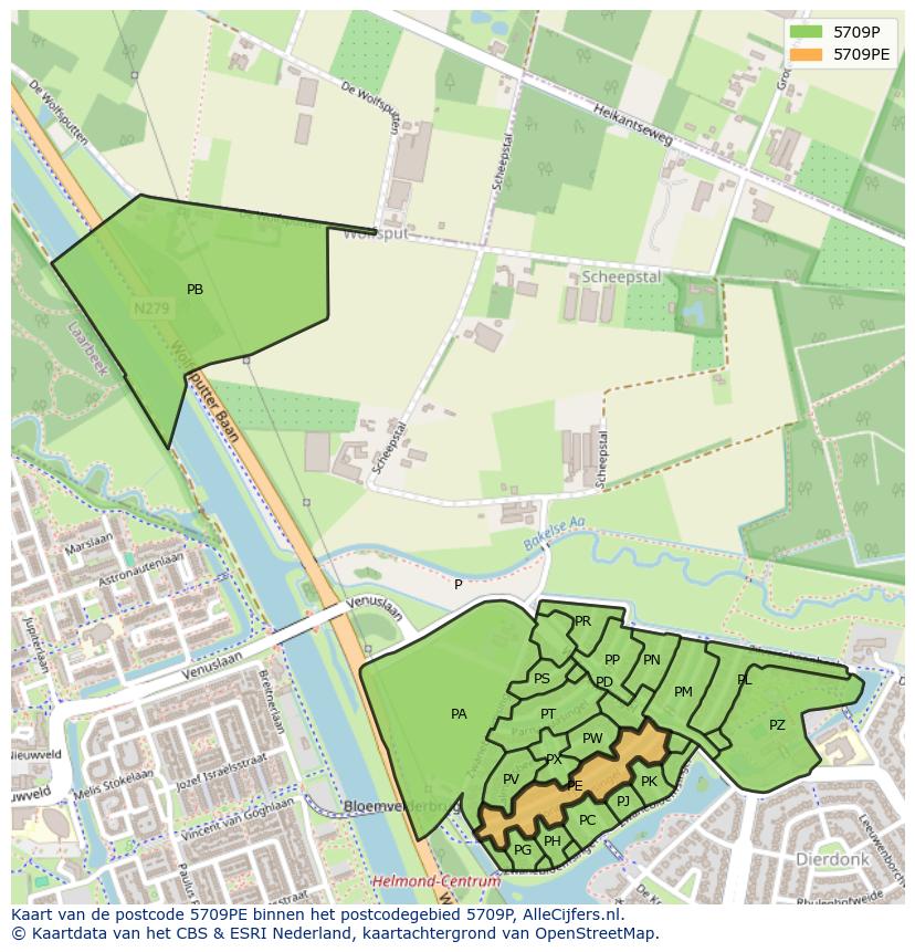 Afbeelding van het postcodegebied 5709 PE op de kaart.