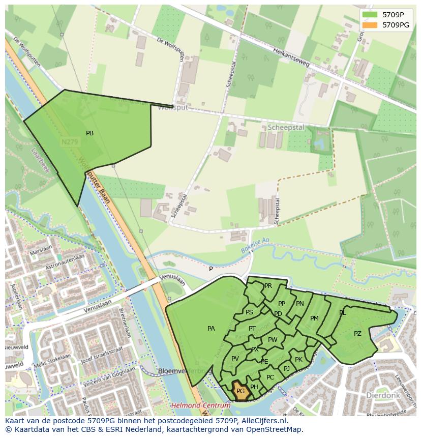 Afbeelding van het postcodegebied 5709 PG op de kaart.