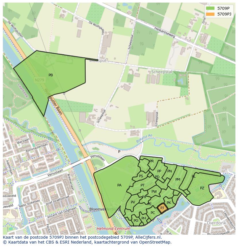 Afbeelding van het postcodegebied 5709 PJ op de kaart.