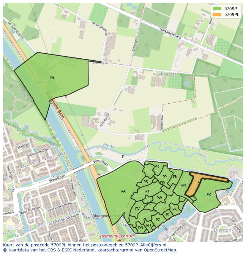 Afbeelding van het postcodegebied 5709 PL op de kaart.