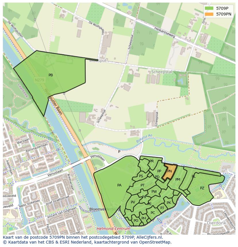 Afbeelding van het postcodegebied 5709 PN op de kaart.