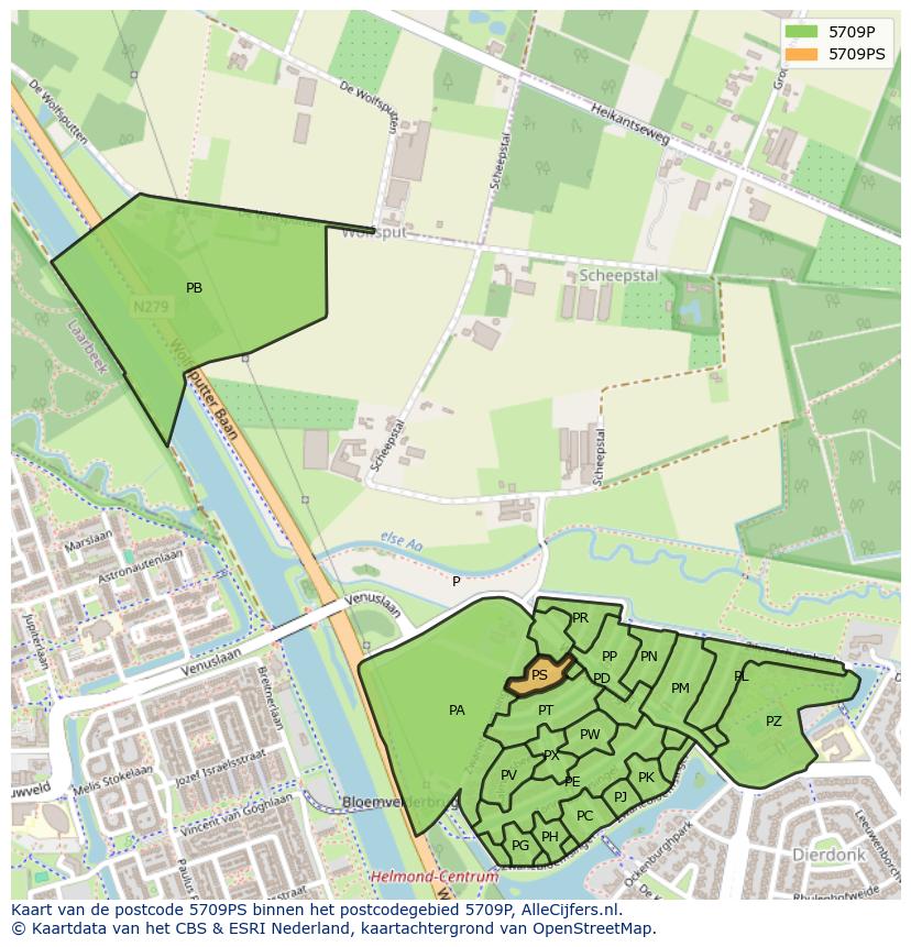 Afbeelding van het postcodegebied 5709 PS op de kaart.