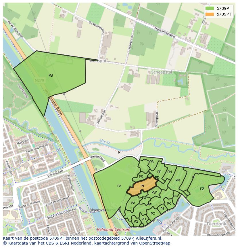 Afbeelding van het postcodegebied 5709 PT op de kaart.