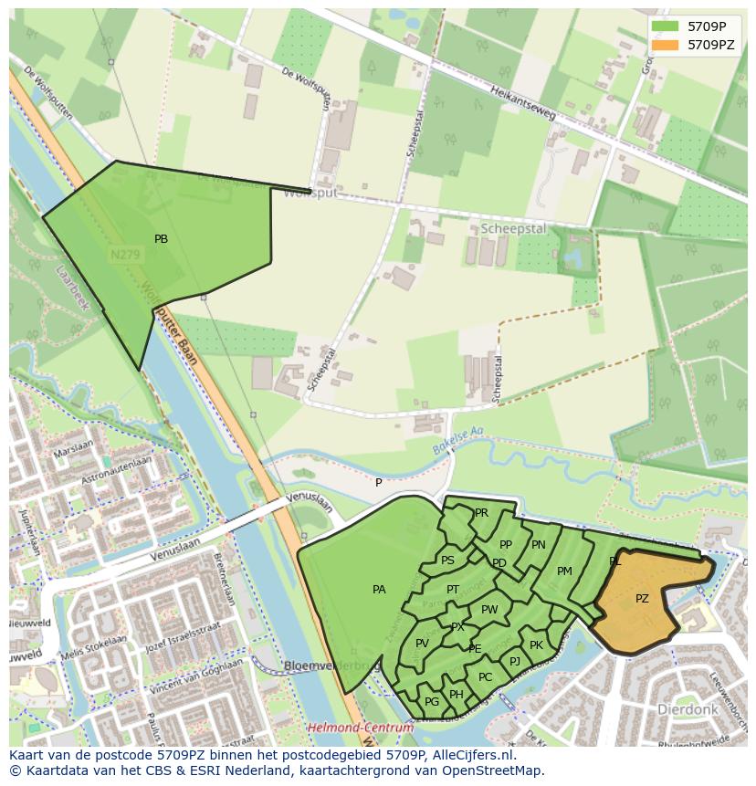 Afbeelding van het postcodegebied 5709 PZ op de kaart.