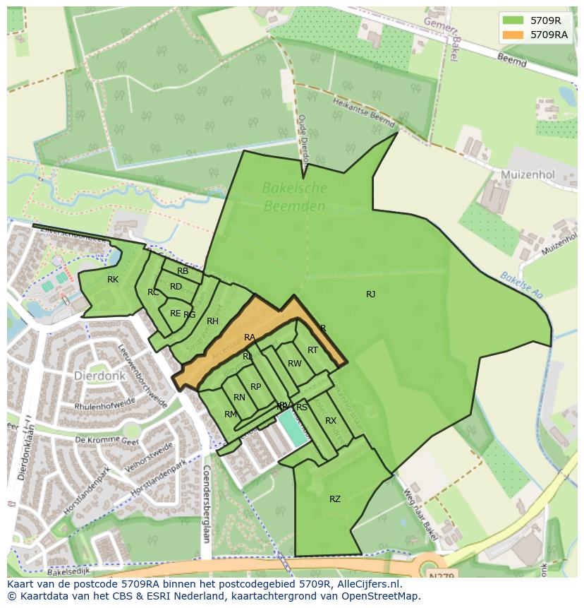 Afbeelding van het postcodegebied 5709 RA op de kaart.