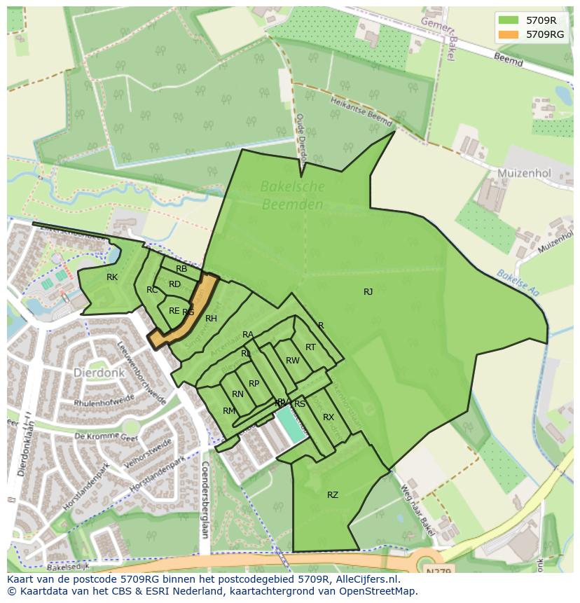 Afbeelding van het postcodegebied 5709 RG op de kaart.