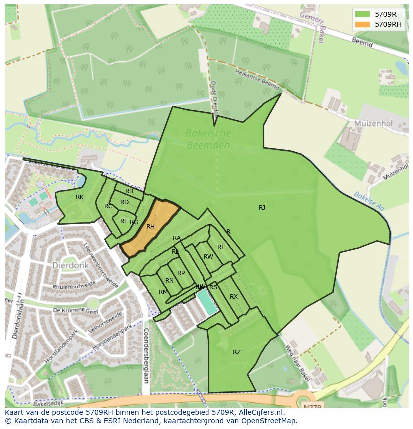 Afbeelding van het postcodegebied 5709 RH op de kaart.