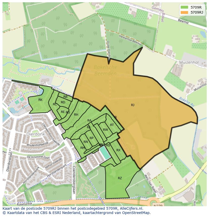 Afbeelding van het postcodegebied 5709 RJ op de kaart.