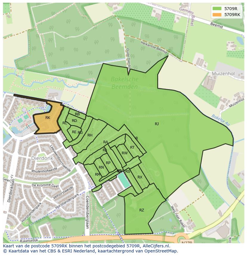 Afbeelding van het postcodegebied 5709 RK op de kaart.