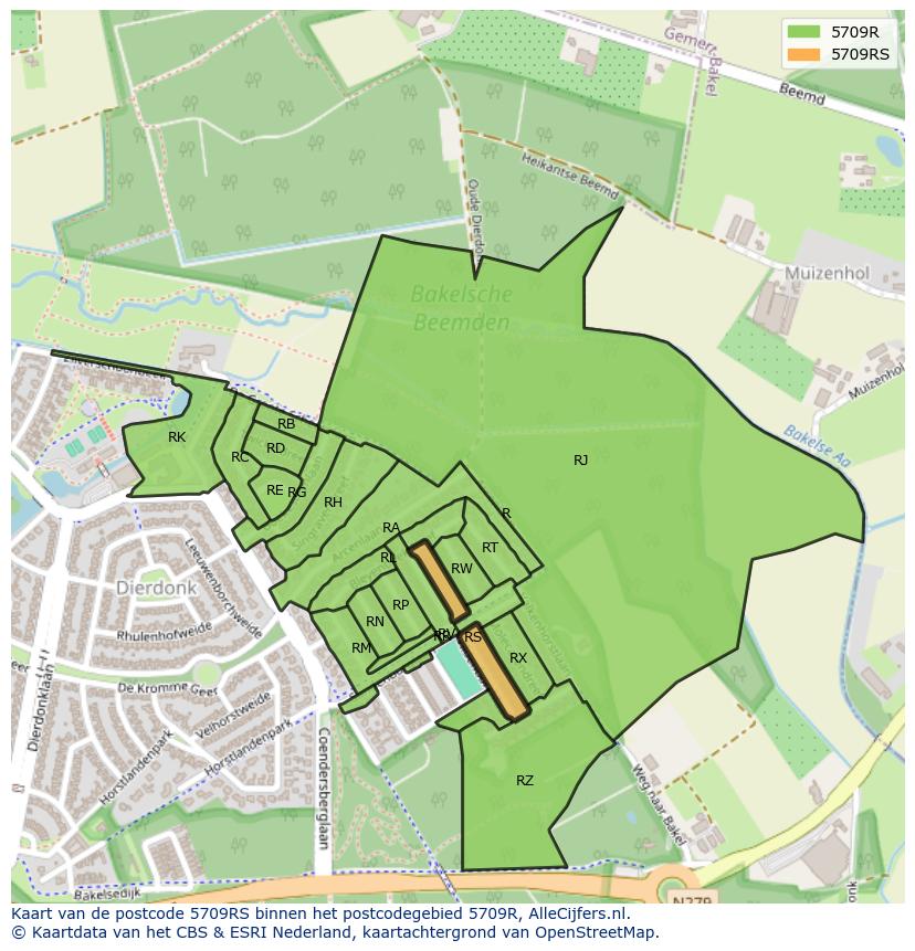 Afbeelding van het postcodegebied 5709 RS op de kaart.
