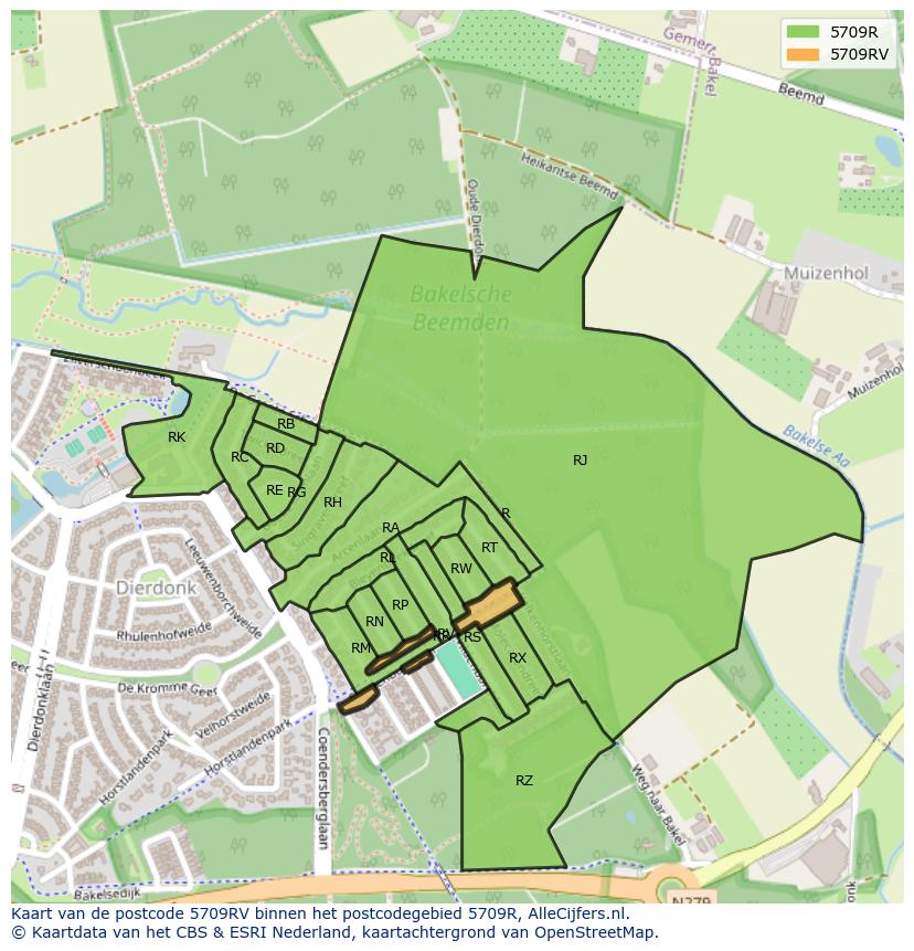 Afbeelding van het postcodegebied 5709 RV op de kaart.