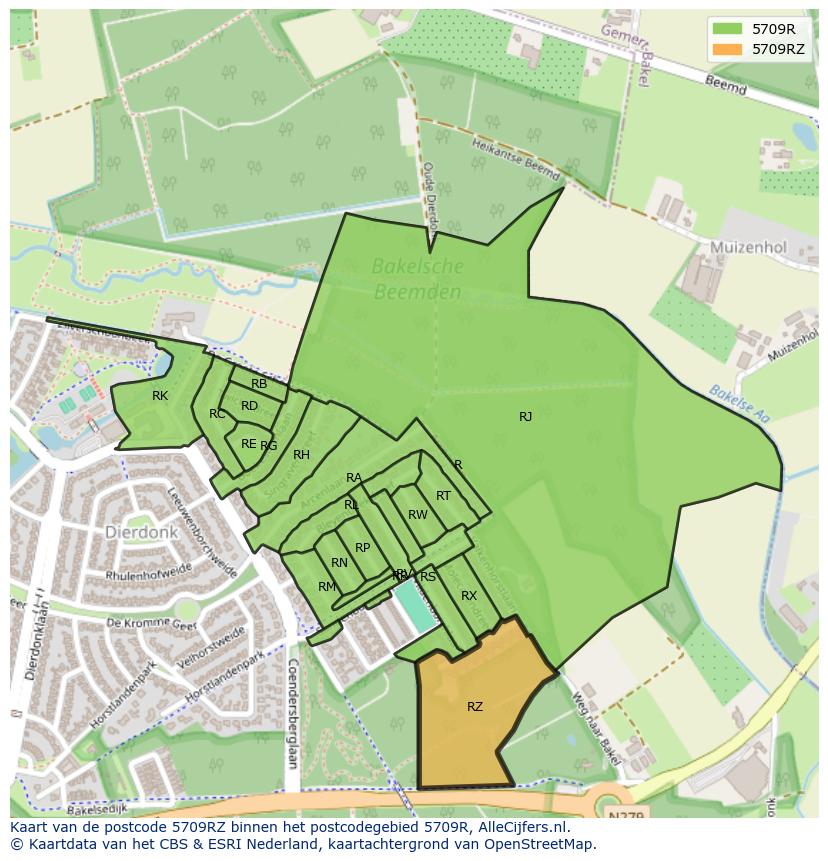 Afbeelding van het postcodegebied 5709 RZ op de kaart.