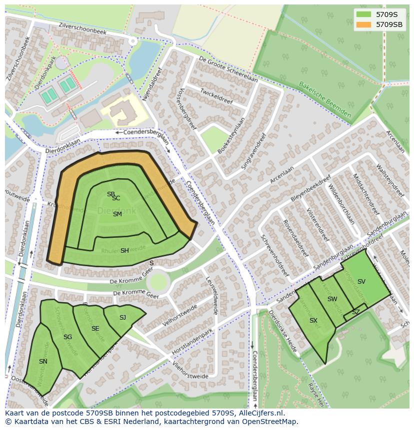 Afbeelding van het postcodegebied 5709 SB op de kaart.