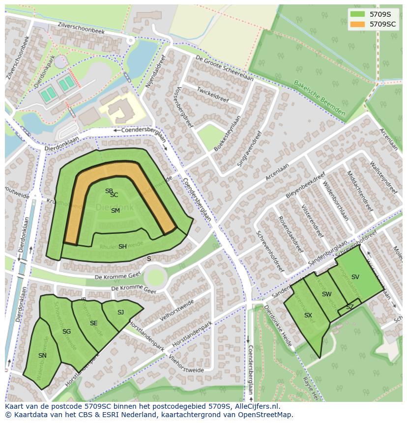 Afbeelding van het postcodegebied 5709 SC op de kaart.