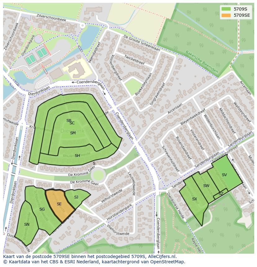 Afbeelding van het postcodegebied 5709 SE op de kaart.
