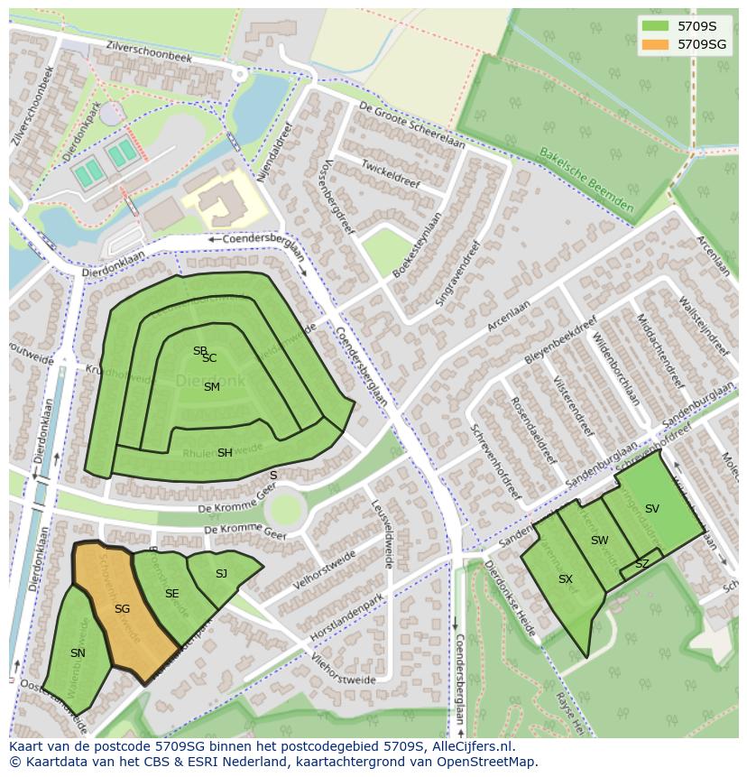 Afbeelding van het postcodegebied 5709 SG op de kaart.