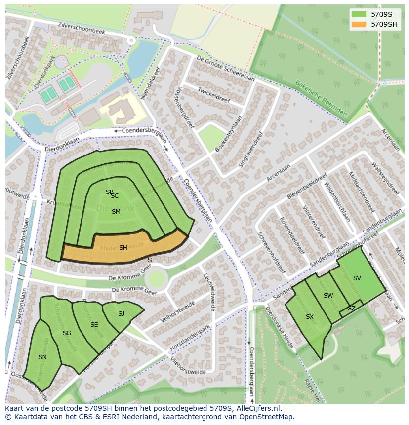 Afbeelding van het postcodegebied 5709 SH op de kaart.