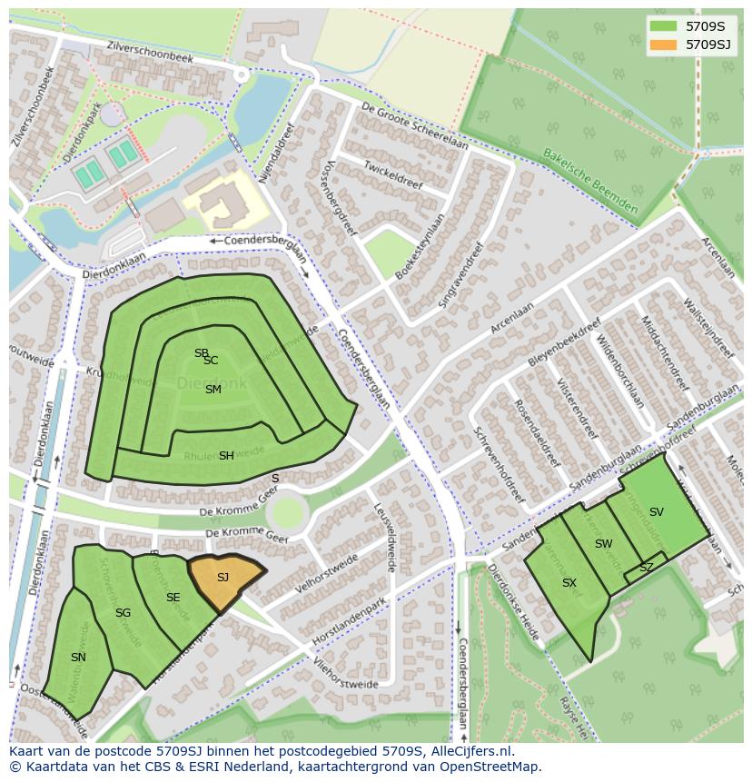 Afbeelding van het postcodegebied 5709 SJ op de kaart.