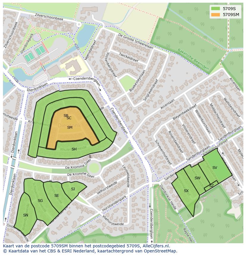 Afbeelding van het postcodegebied 5709 SM op de kaart.