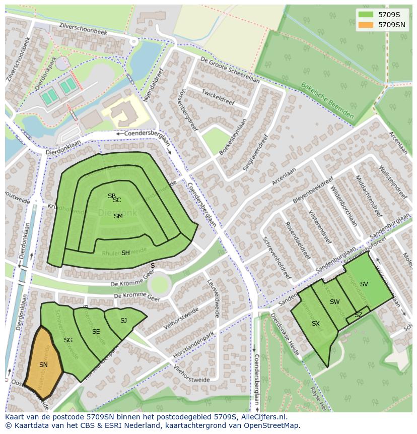 Afbeelding van het postcodegebied 5709 SN op de kaart.