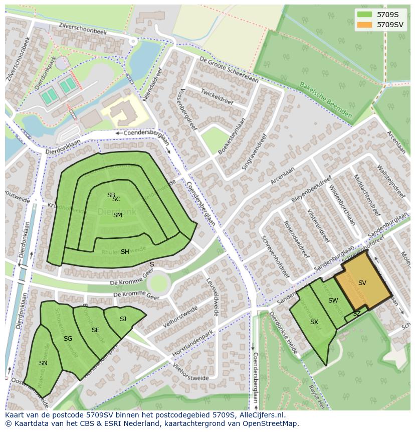 Afbeelding van het postcodegebied 5709 SV op de kaart.