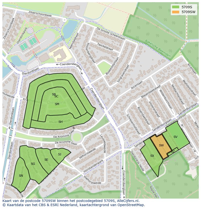 Afbeelding van het postcodegebied 5709 SW op de kaart.