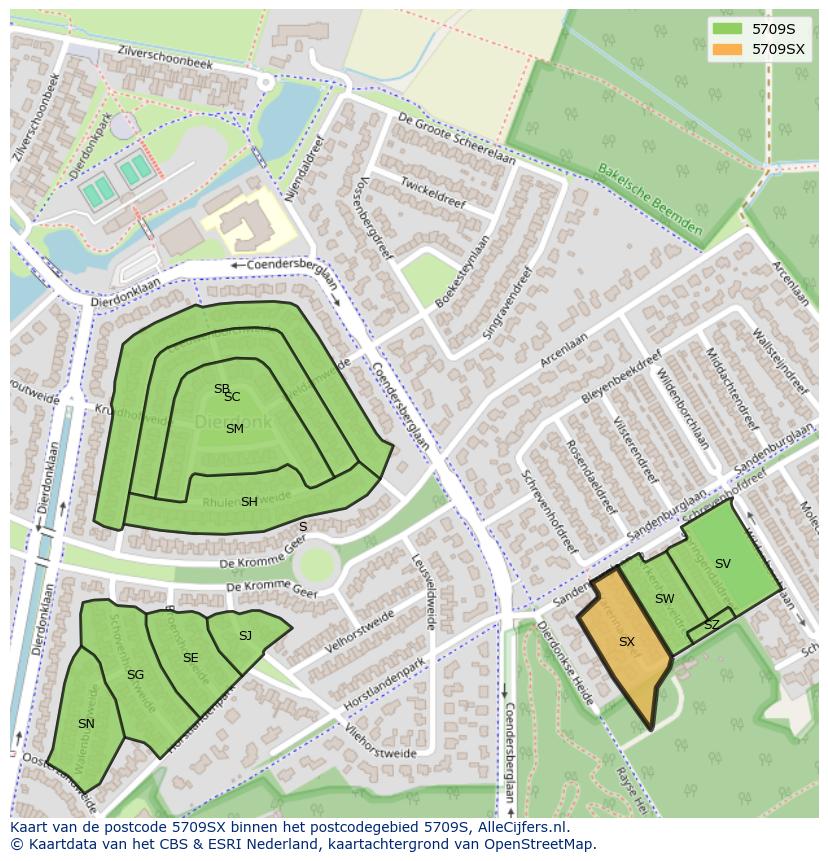 Afbeelding van het postcodegebied 5709 SX op de kaart.