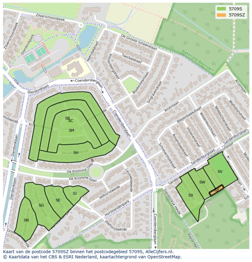 Afbeelding van het postcodegebied 5709 SZ op de kaart.